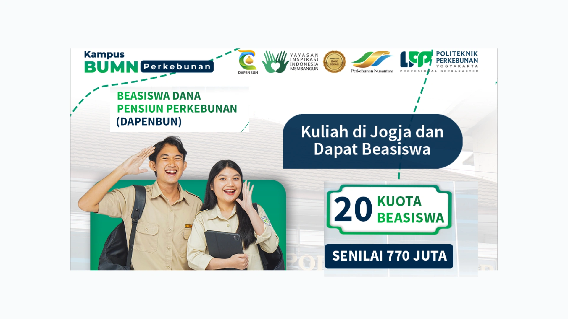 Raih kuliah gratis di Politeknik LPP Yogyakarta lewat Beasiswa DAPENBUN 2025. Dapatkan biaya pendidikan penuh, magang di perusahaan perkebunan, dan sertifikasi kompetensi. Daftar sekarang sebelum kuota habis!