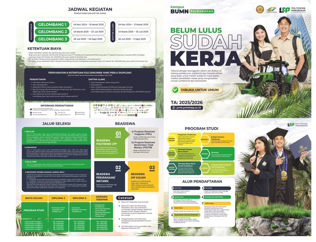 Ingin kuliah gratis dengan skill siap kerja? Daftar di Politeknik LPP Yogyakarta dan raih Beasiswa Sawit penuh biaya hidup dan kuliah.